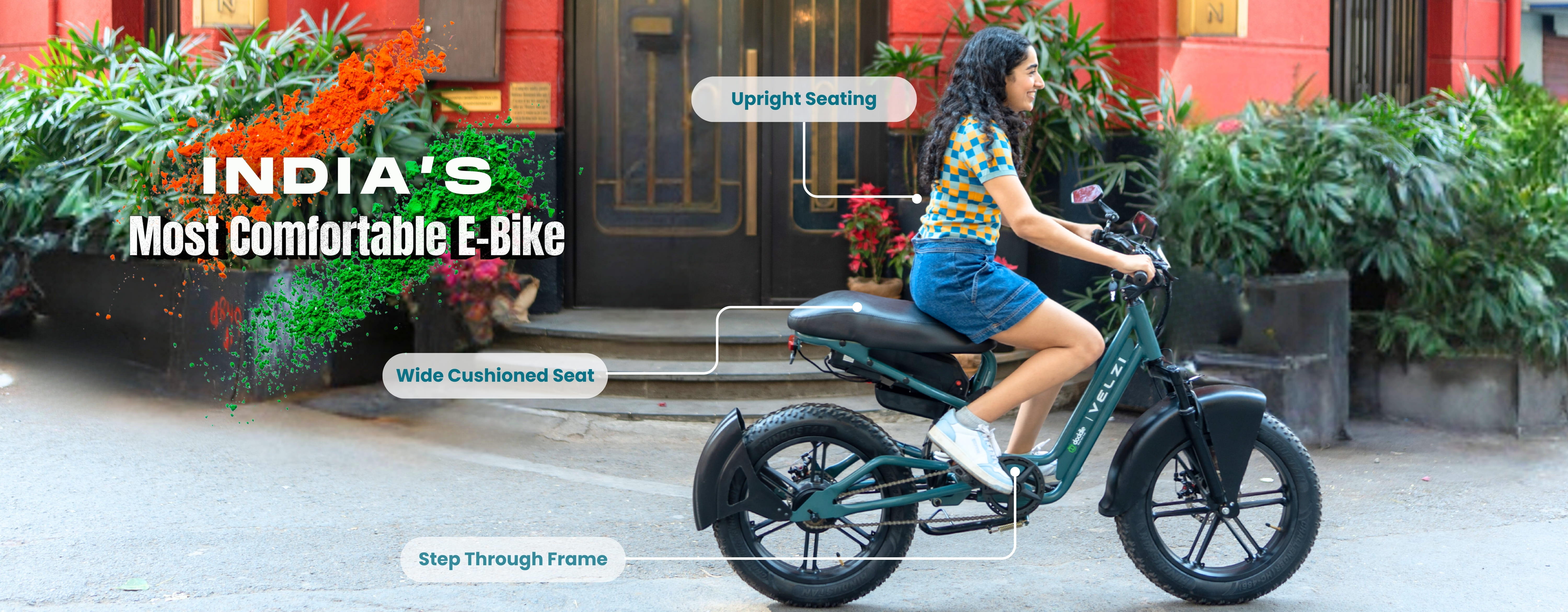 Velzi comfortable electric cycle with upright seating, wide cushioned seat and step-through frame for comfortable daily commuting