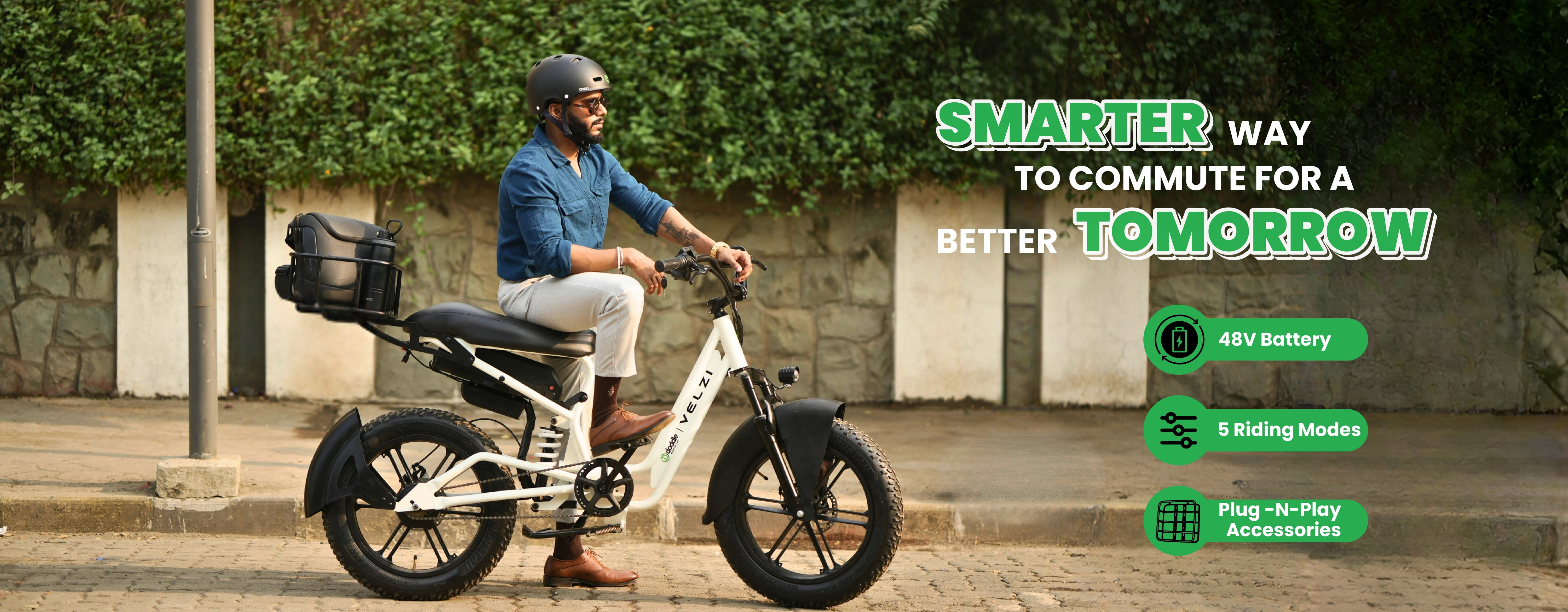 Velzi Smart electric cycle with multiple riding modes, removable battery and everyday commuting features and city riding.