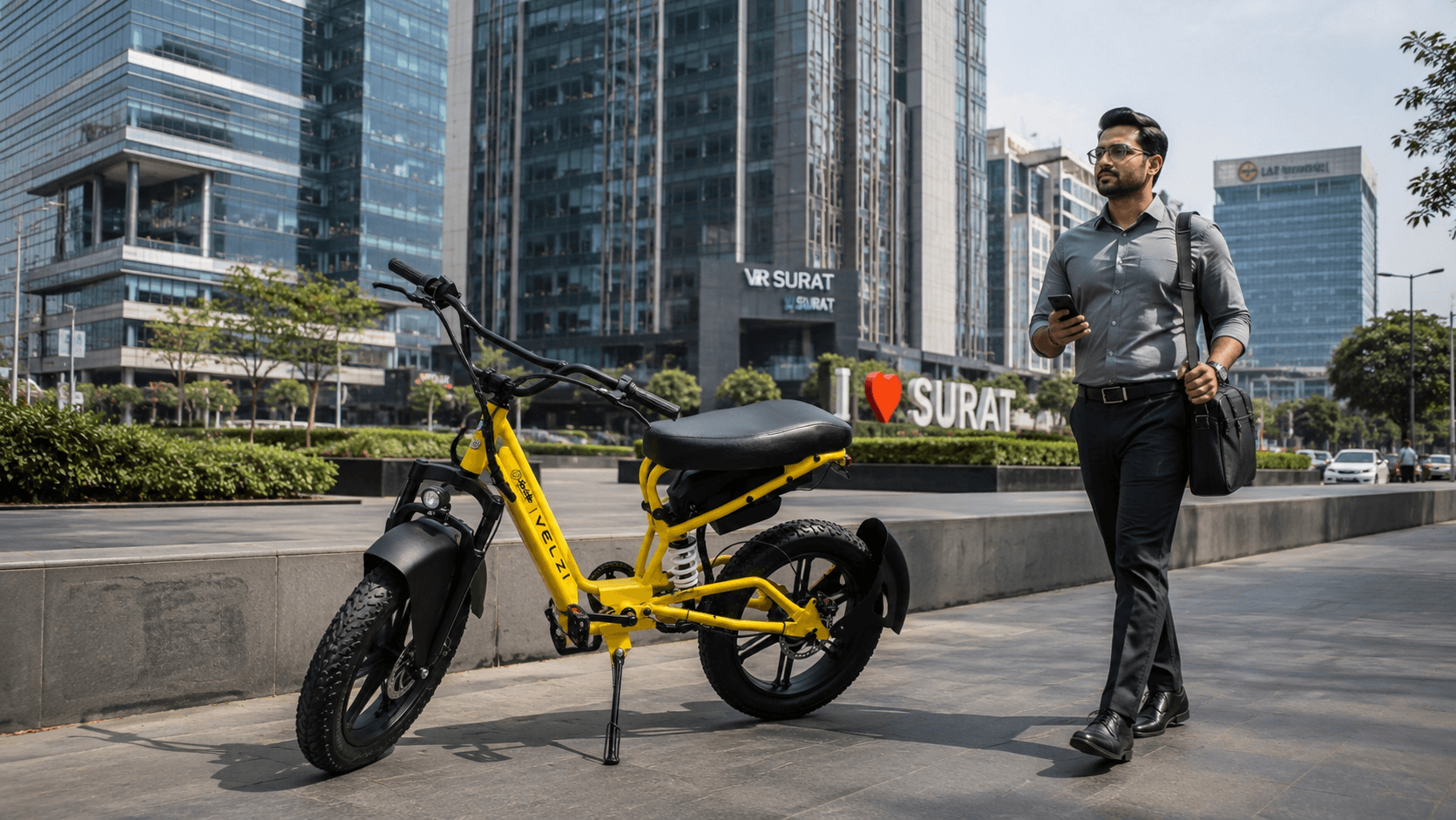 Corporate professional using a Velzi electric bicycle in Surat